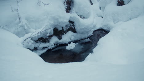 Icy-creek-streaming-in-the-middle-of-deep-snow-banks-in-Finnish-Lapland