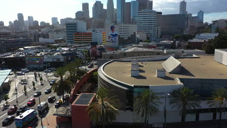 Aerial-view-over-the-Japanese-American-National-Museum,-toward-the-Ohtani-mural,-in-LA