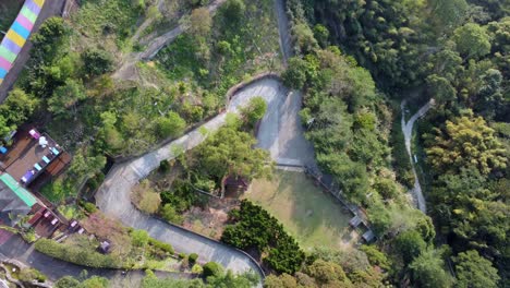 A-winding-road-through-lush-greenery-in-a-serene-park-like-setting,-possibly-at-dawn,-aerial-view