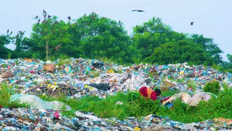 Una-Mujer-Marrón-Con-Vestido-Rojo-Clasifica-El-Vertedero-De-Basura-En-Un-Vertedero-En-Bangladesh