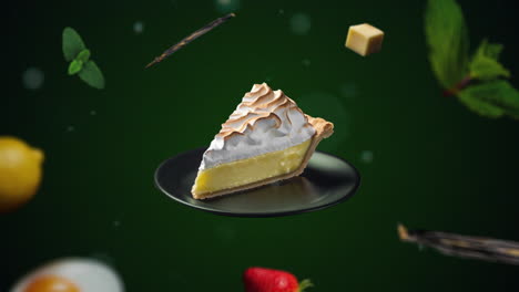 Introducción-De-Animación-De-Tarta-De-Merengue-De-Limón-En-Rodajas-Para-Publicidad-O-Marketing-En-Fondo-Verde-Para-Restaurantes-Con-Los-Ingredientes-Del-Postre-Volando-En-El-Aire---Añadir-Precio-O-Venta