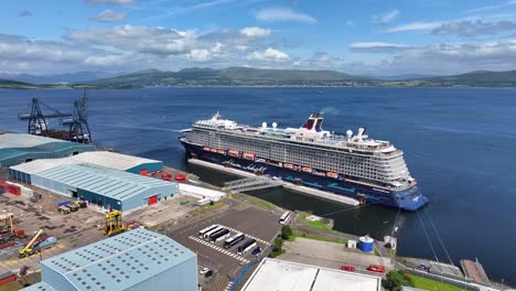 Aerial-View,-Cruise-Ship-in-Greenock-Scotland-UK-Harbour-Port-Terminal-on-Sunny-Day,-Drone-Shot