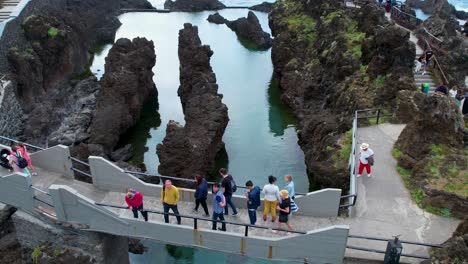 Tourists-Visiting-Piscinas-Naturais-do-Aquário-In-Porto-Moniz,-Madeira-Islands,-Portugal