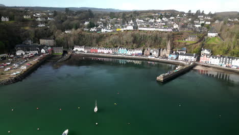 Dolly-Arc-Aerial-of-Beautiful-Bay-in-Small-Town-of-Tobermory
