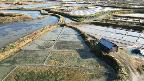 Dolly-Arc-Aerial-of-the-Salt-Marshes-of-Guérande-with-Workshop