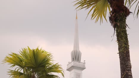 Vista-De-La-Mezquita-Nacional-De-Kuala-Lumpur-A-Través-De-Palmeras-En-Kuala-Lumpur,-Malasia