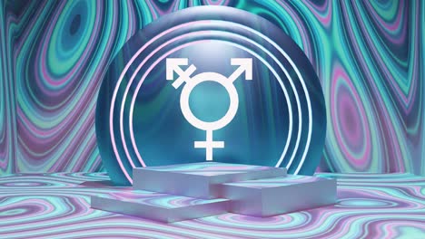 Transgender-Symbol-Auf-Einem-Podium-Mit-Farbenfrohem-Blauem-Wellenmuster-Im-Hintergrund