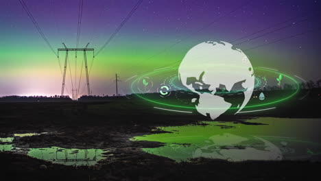 Power-lines-with-night-sky-and-borealis-timelapse-and-turning-planet-animation-overlay