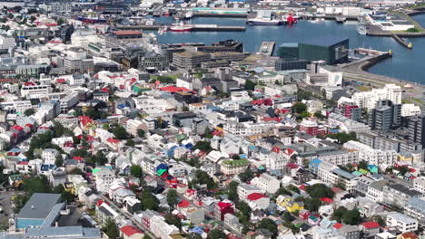 Reykjavik,-Iceland,-Drone-Aerial-View-of-Downtown-Buildings-on-Sunny-Summer-Day