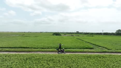 Ein-Motorradfahrer-Steht-Auf-Einem-Motorrad-Zwischen-Den-Reisfeldern,-Während-Die-Drohne-Kreist-Und-Den-Dynamischen-Kontrast-Zwischen-Mensch-Und-Natur-Einfängt