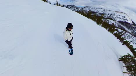 top-view-of-snowboarder-riding-down-ski-slopes