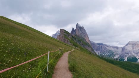 Scenic-Hiking-Trail-In-Dolomites-Mountain-Range-In-Italy---Drone-Shot