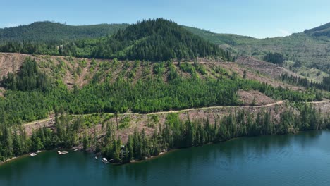 Drone-shot-of-lumber-cleared-hills-lining-the-shore-of-Spirit-Lake,-Idaho