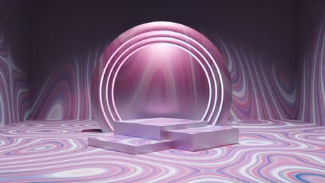 Chrome-podium-with-hypnotic-pink-color-pattern-background-twirls