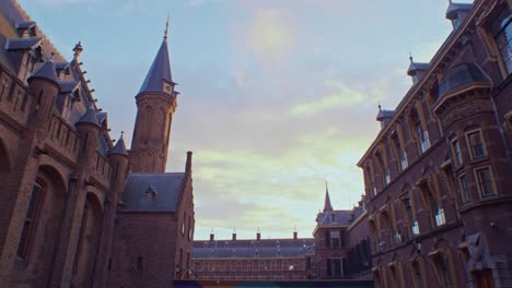 European-dutch-castle-palace-cathedral-chapel-in-the-Netherlands-Holland-in-the-Hague-city-town-with-traditional-authentic-architecture-and-cinematic-scenery-walkthrough-from-gateway