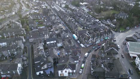 Aerial-view,-flying-over-Windermere-town,-UK