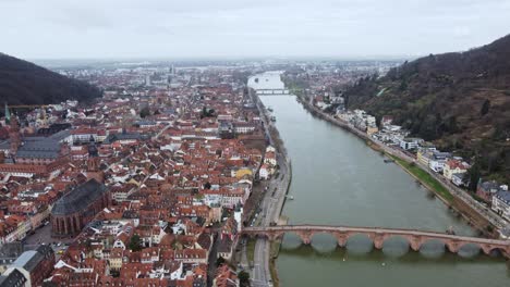 Establishing-Aerial-of-Heidelberg-City-Skyline,-Germany