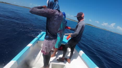 Fishermen-in-blue-waters-pulling-in-fish,-tropical-climate,-sunny-day,-wide-shot