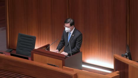 Hong-Kong's-chief-executive,-John-Lee-Ka-chiu,-delivers-the-annual-policy-address-at-the-Legislative-Council-building-in-Hong-Kong