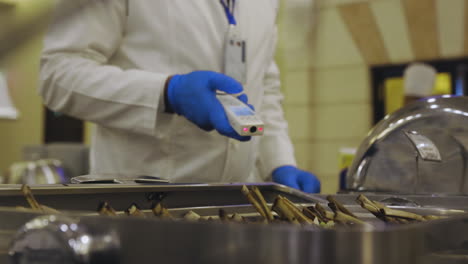 Kitchen-staff-checking-cooked-meat-using-infrared-thermometer