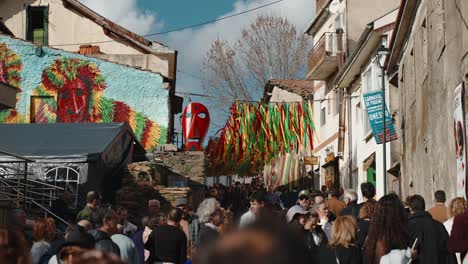 Podence-main-Street-Alive-with-Carnival-Colors,-Portugal