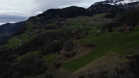 Toma-De-Drone-De-Un-Pueblo-Aislado-Situado-En-Campos-Verdes-Con-Montañas-Cubiertas-De-Nieve-Al-Fondo