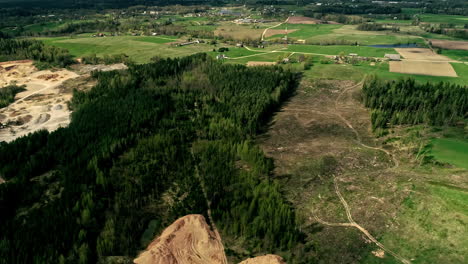 Vista-Aérea-Panorámica-De-Drones-Sobre-Campos-Agrícolas,-Pueblo-Rural,-Pinos,-Esparcidores-Alrededor-De-Granjas-En-El-Campo-Americano.