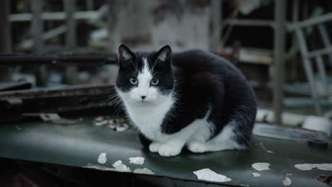Black-and-white-cat-resting-on-top-of-old-car-with-abandoned-house-behind