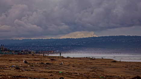 Gente-Y-Aves-Acuáticas-En-La-Playa-Hermosa-Con-Cielo-Nublado-En-California.