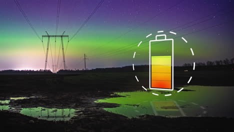 Aurora-Boreal-Y-Subestación-Eléctrica-Por-La-Noche-Con-El-Icono-De-Batería-Cargando-En-Primer-Plano