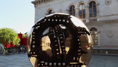 Sphere-within-Sphere-bronze-sculpture-at-Trinity-College,-Dublin