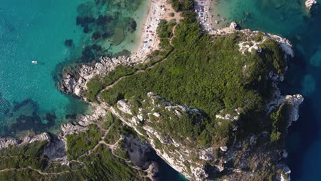 Revealing-Top-View-of-Geologic-Formations-of-Porto-Timoni-Rocks,-Corfu,-Greece