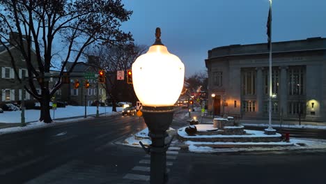 Lighting-lantern-in-american-town-at-winter-snow
