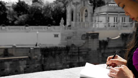 Young-woman-sketching-in-Stadtpark,-Vienna,-focused-on-art,-with-historic-architecture-background,-color-splash-effect