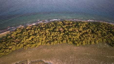 Isla-noronky-at-sunset-with-lush-greenery-and-serene-ocean,-aerial-view