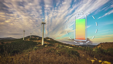 Batería-De-Energía-Verde-Cargando-Sobre-El-Timelapse-Del-Parque-De-Turbinas-Eólicas