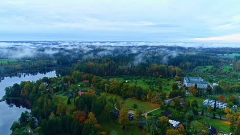 Morning-fog-mist-over-forest-nature-lake-landscape-village-mountain-rural-resort