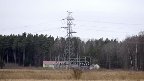 Power-station-with-high-voltage-poles-tall-gray-in-a-green-field,-with-trees-and-a-cloudy-blue-sky-in-the-background,-with-brown-trees-lining-in-the-distance