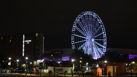 Ferris-Wheel-of-Liverpool,-England-UK-at-Night,-Landmark-and-City-Lights