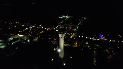 Aerial-of-Provincetown-Monument-in-Massachusetts-at-night
