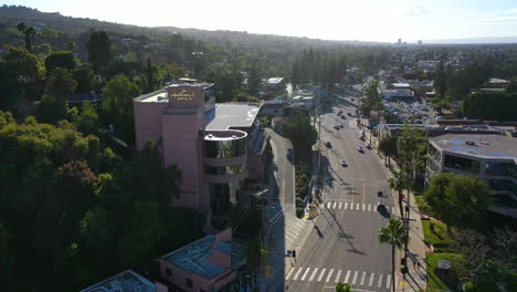 Aerial-view-over-the-Ventura-boulevard-in-Studio-city,-in-sunny-Los-Angeles,-USA