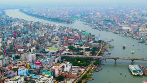 Aerial-View-Of-Babubazar-Bridge-Over-Buriganga-River-In-Dhaka,-Bangladesh