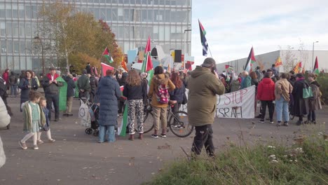 Wide-shot-of-people-gathering-outside-the-Scotland-BBC-Headquarters-for-a-protest