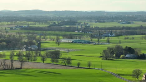 Aerial-zoom-shot-of-green-grass-fields-and-farm-houses-in-rural-area-of-USA