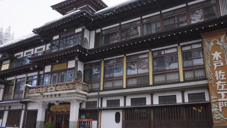 Historical-Ryokan-Buildings-in-Winter-scene-of-Ginzan-Onsen-Mountain-Valley