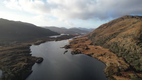 Drone-video-showing-Killarney-National-Park,-lake-and-mountain