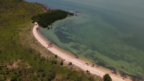 Overhead-aerial-clip-with-slow-tilt-down-of-small-sand-cove-on-uninhabited-island-in-remote-Australia