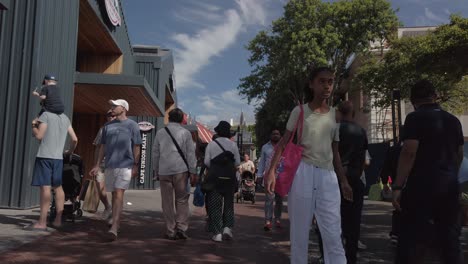 Static-shot-people-walk-in-Cape-town-Streets-south-africa,-summer-clothes-urban-style-pedestrians-at-city-center,-downtown-waterfront-business-african-town