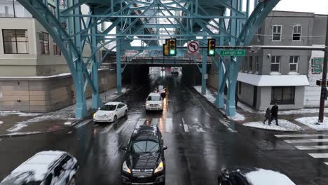 Intersection-in-Kensington,-Philadelphia-during-winter-with-snow