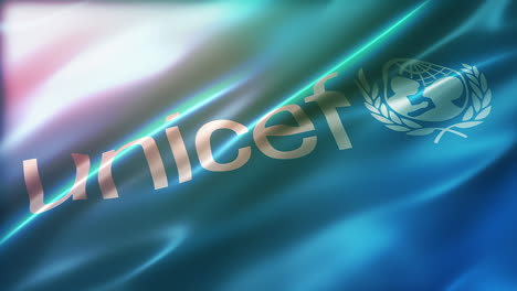 Bandera-Con-El-Logotipo-De-UNICEF,-Vista-En-Perspectiva,-ángulo-Alto,-Textura-Sedosa-Brillante-Y-Elegante,-Ondeando-En-El-Viento,-Apariencia-De-Película,-Animación-Realista-De-4k-Cg,-Elegante,-Aleteo-En-Cámara-Lenta,-Con-Capacidad-Para-Realizar-Bucles-Sin-Interrupciones